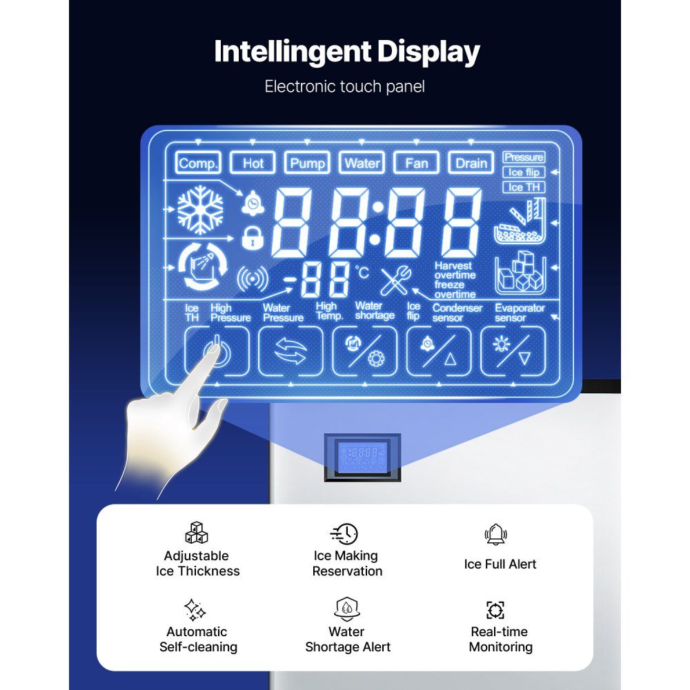 Ice maker head, commercial ice maker (head only), 136kg/day, stainless steel head + PE plastic ice maker head with intelligent control panel and one-touch cleaning