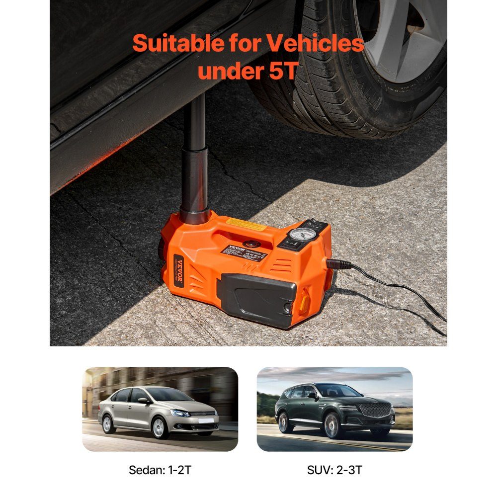 Cric électrique de voiture 5T avec pompe intégrée, changeur de pneu réglable 12 V de remplacement avec marteau de sécurité et lumière LED, ensemble de cric portable pour berline SUV camion
