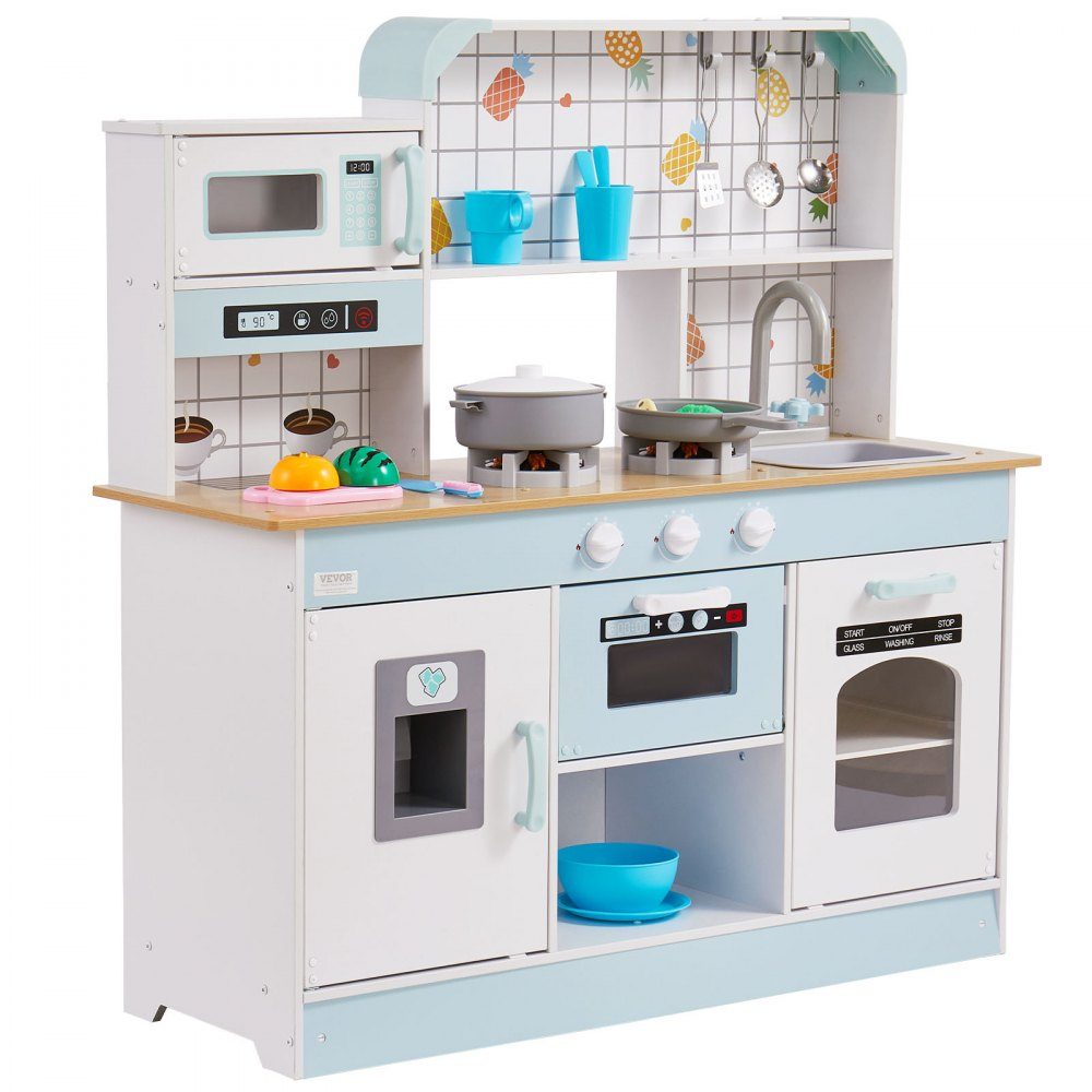Play Kitchen for Kids, Wooden Toy Kitchen Set with Lights and Sounds, Toddler Kitchen with Ice Cream Maker, Oven, Sink, Microwave, Refrigerator and Utensils and Fruit Accessories for Toddlers Ages 3-8, White