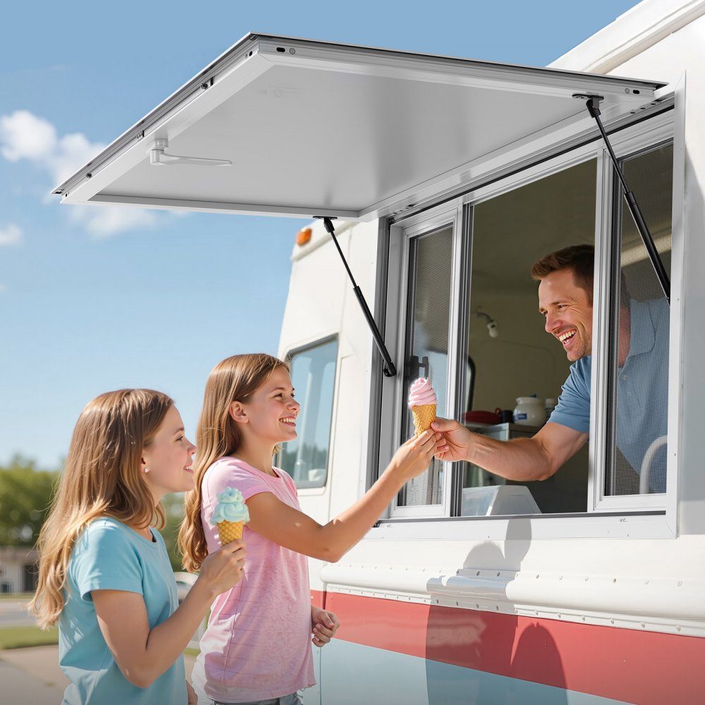 Snack window (installation dimensions 1346 x 838 mm) swiveling, snack trailer serving window with 85° opening angle & 4 sliding windows, snack window for snack stand snack carts