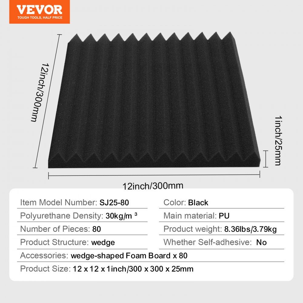 Akustikschaum-Akustikplatten, 80er-Set, 300 x 300 x 25 mm, hochdichte schalldichte Wandpaneele, Akustikplatten, Akustikschaummatten für Studiowände und -decken, schwarz