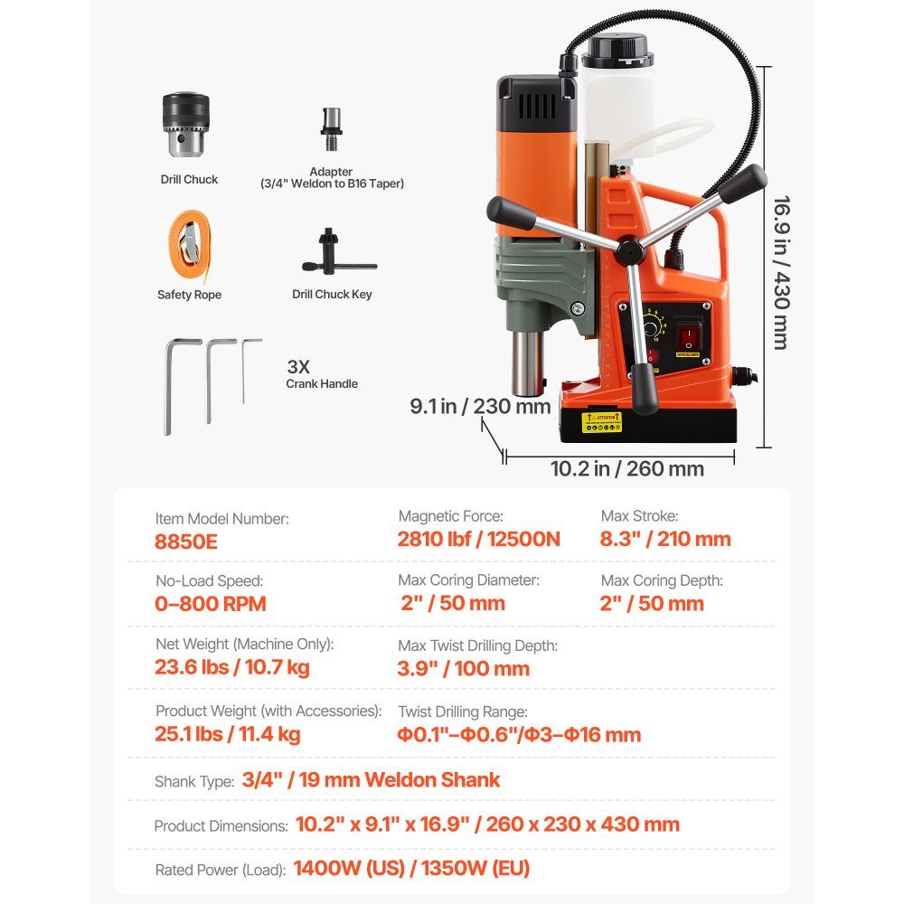 Magnetbohrmaschine 1350 W 50 mm Bohrdurchmesser, 12500 N Leistung, tragbares Magnetbohrsystem mit einstellbaren Drehzahlen & Weldonwelle, für Metalloberflächen, Industrie, Heimwerker