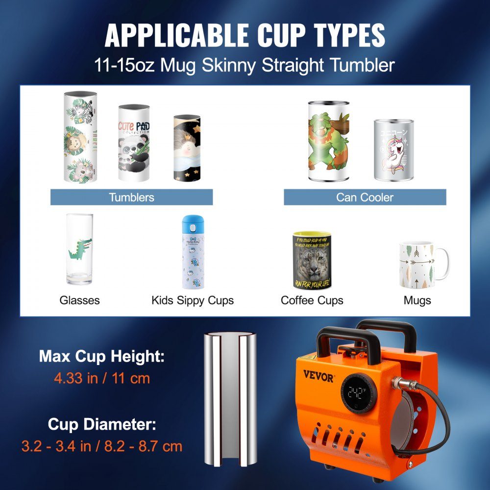 Presse à Sublimation pour tasses, 11 à 425.24g, 350W, impression par Sublimation, hauteur maximale de 11cm, 8.2 à 8.7cm, Portable