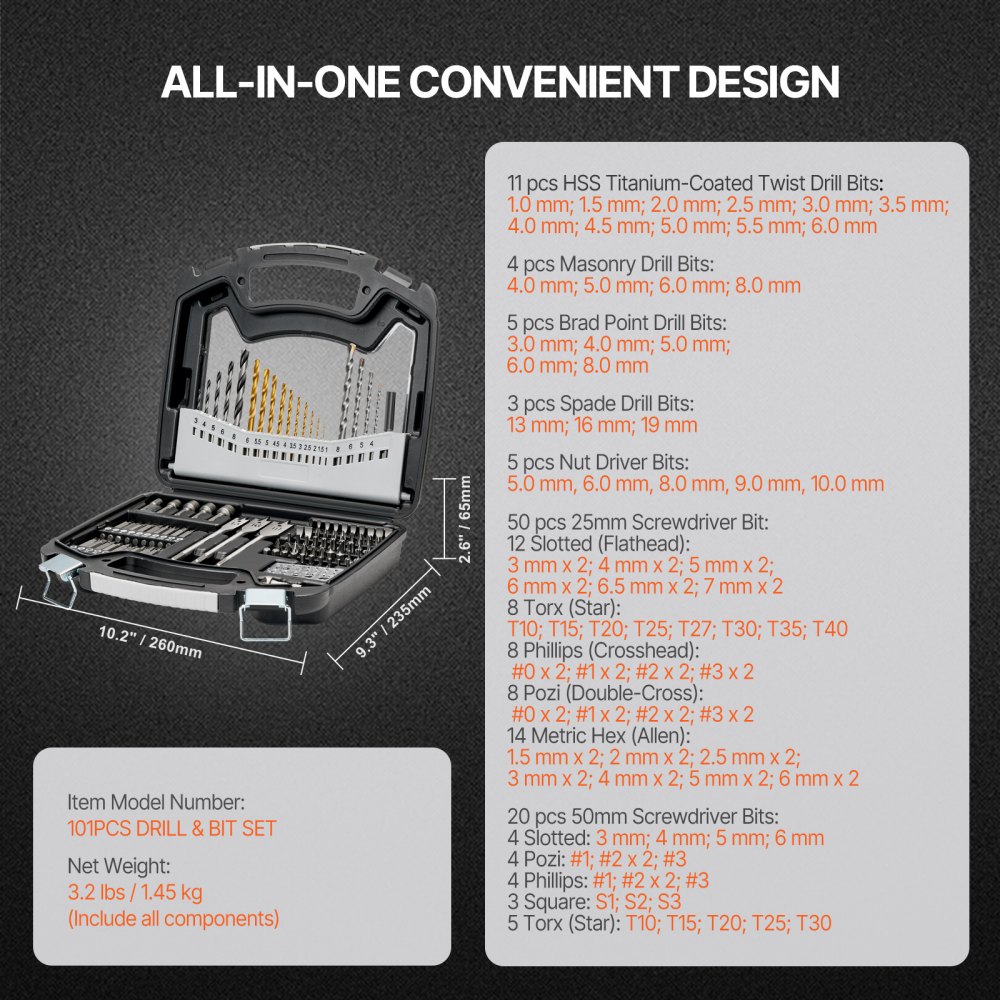 Drill set 101 pieces, drill and screwdriver bit set, screwdriver bit set suitable for drilling and screwing in wood, metal and cement, drill sets combination set sorted in an organized transport case Drill set 101 pieces, drill and screwdriver bit set, screwdriver bit set suitable for drilling and screwing in wood, metal and cement, drill sets combination set sorted in an organized transport case
