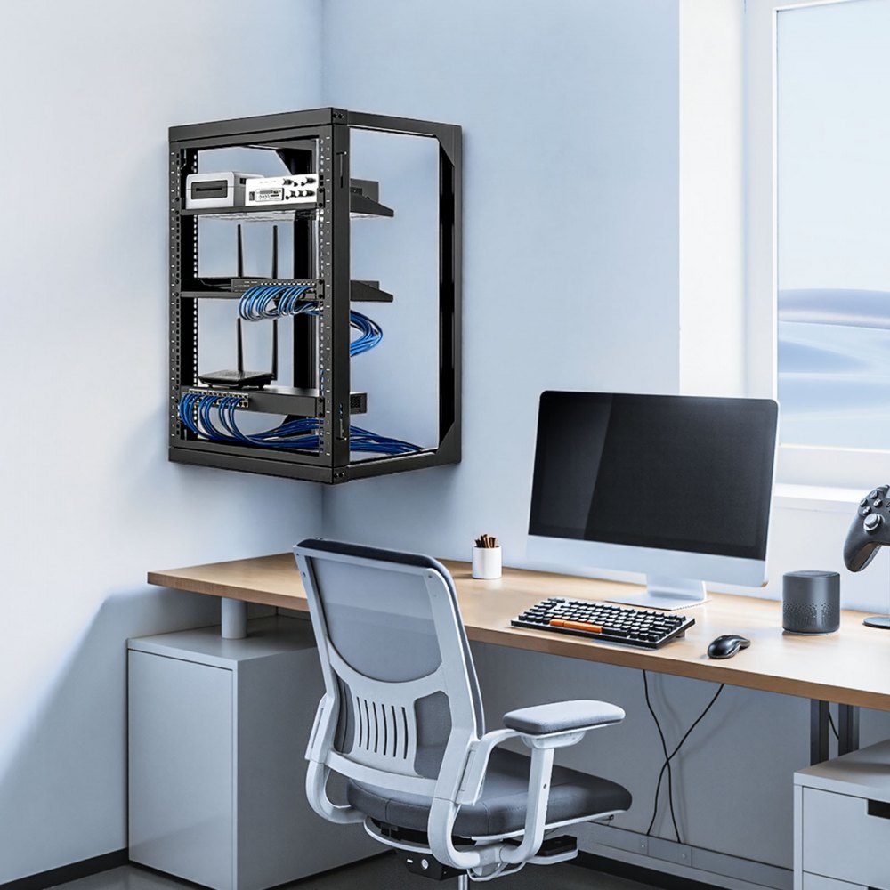 15U-Server-Rack zur Wandmontage, 68 kg maximale Tragfähigkeit, Netzwerk-Rack mit offenem Rahmen und 180-Grad-Torschwenkung, Kohlenstoffstahl, für 482-mm-IT-Netzwerkgeräte und AV-Geräte, Computerserver, Schwarz