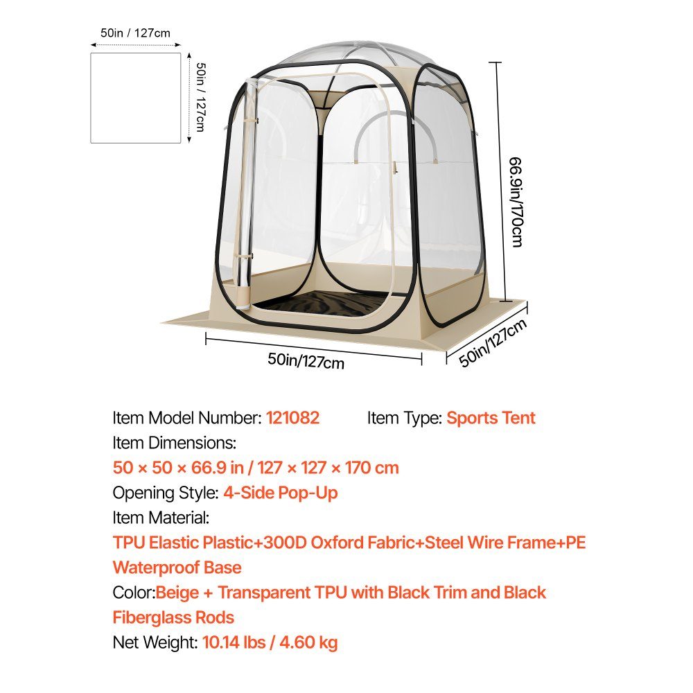 Tente transparente 127 x 127 x 170 cm Tente pop-up pour 1 à 2 personnes Tente de sport avec tapis de sol et couverture supérieure Tente à bulles extérieure Abri de camping pour événements Pêche Acclamations