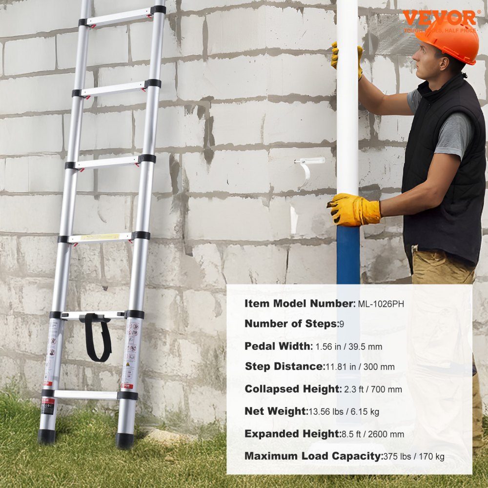 Telescopic Ladder, 2.6m Aluminum Extension Ladder, Folding Ladder with One Button Retraction, 160kg Load Capacity with Non-Slip Feet, Portable Compact Ladder for Home, RV, Attic