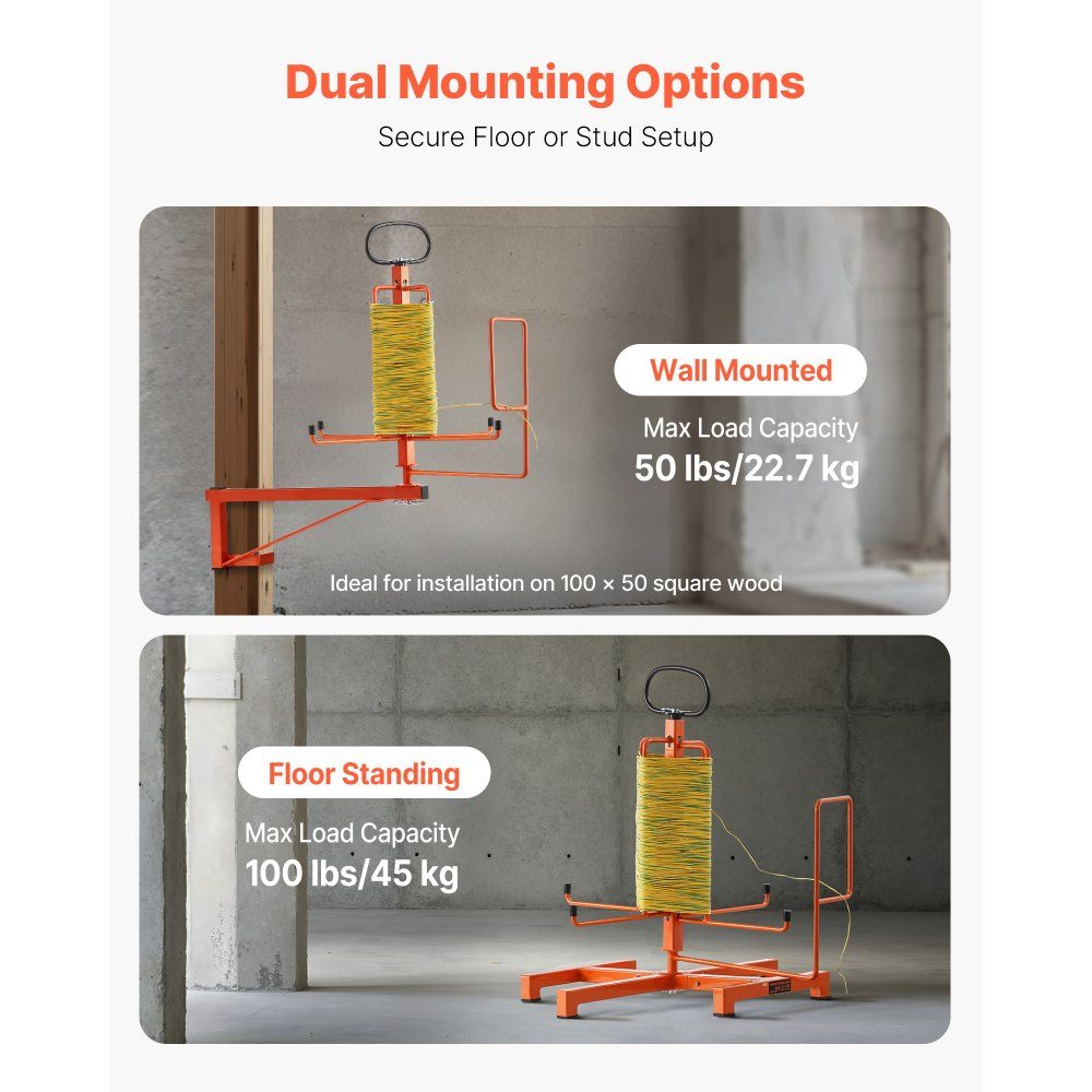 Wire Spool Holder, Floor or Wall Mounted (100/50 lbs), Cable Spool Dispenser, Portable Wire Reel with Handle, Swivel Eyelet, for Cable Transport in Various Conditions