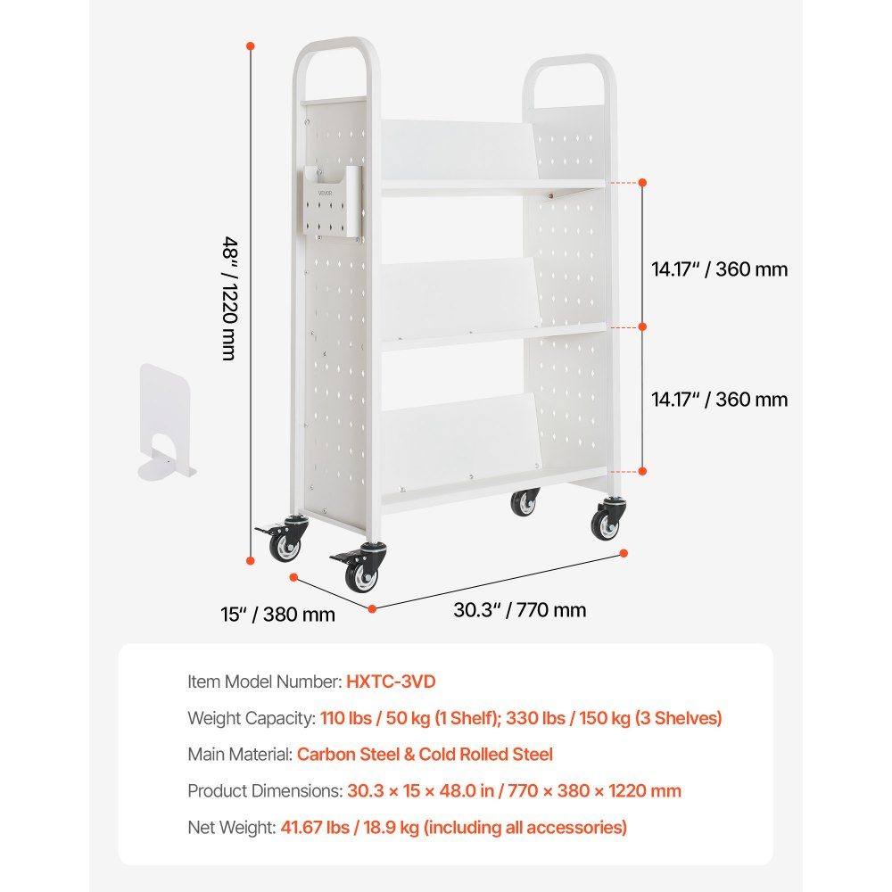 Bücherwagen, 150 kg Tragkraft, Bibliothekswagen, 77 x 38 x 122 cm, einseitiges V-förmiges Bücherregal mit Doppelbremsrädern, für Wohnzimmer, Büro, Schule, Weiß