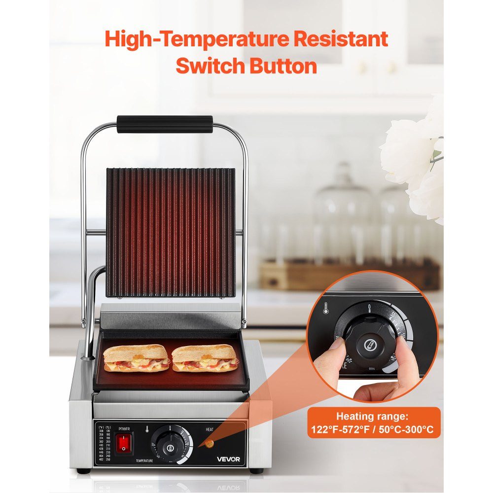 Komercyjny grill kontaktowy 1800 W Grill elektryczny Opiekacz do kanapek Prasa Panini ze stali nierdzewnej z uchwytem i regulacją temperatury, płaska emaliowana płyta 22 x 23 cm (pojedyncza) do steku z bekonem i hamburgerem