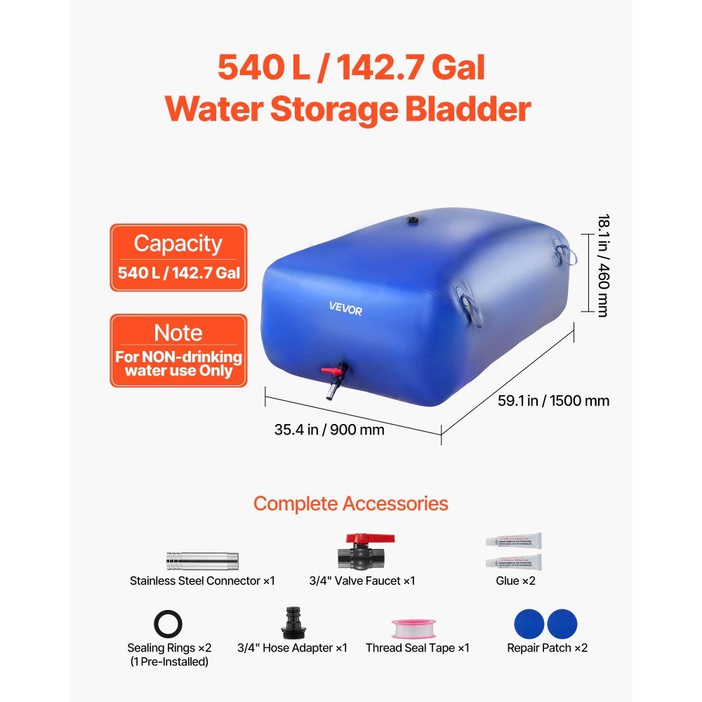 Conteneur de stockage de vessie d'eau 540 L, sac de stockage d'eau en PVC 1000D durable, vessie de stockage d'eau, idéal pour le camping, l'arrosage du jardin, les camping-cars et les urgences, bleu