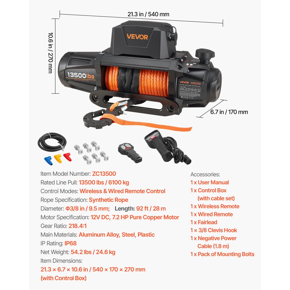 Elektrische Winde, 6100 kg 12 V DC LKW-Winde mit Φ 9,5 mm x 28 m synthetischem Seil, kabellose und kabelgebundene Fernbedienung, IP68 zum Ziehen von SUVs, Jeeps, Anhängern und Booten Elektrische Winde, 6100 kg 12 V DC LKW-Winde mit Φ 9,5 mm x 28 m synthetischem Seil, kabellose und kabelgebundene Fernbedienung, IP68 zum Ziehen von SUVs, Jeeps, Anhängern und Booten