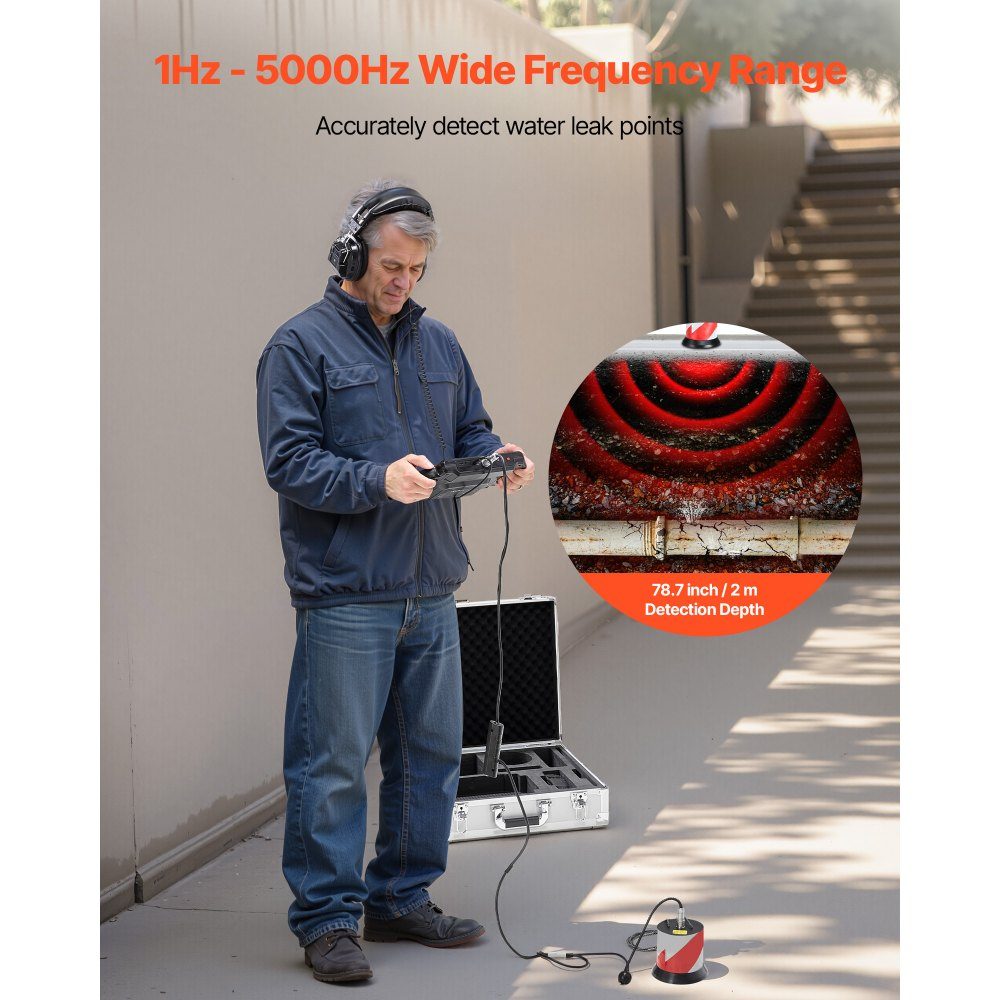 Lekdetector voor pijpwater, 1 Hz-5000 Hz, 7" touchscreen-lekdetector voor pijpen met een diepte van 2 m - met sensor, 3 luisterstaven, hoofdtelefoon, kaart van 8 GB en draagtas