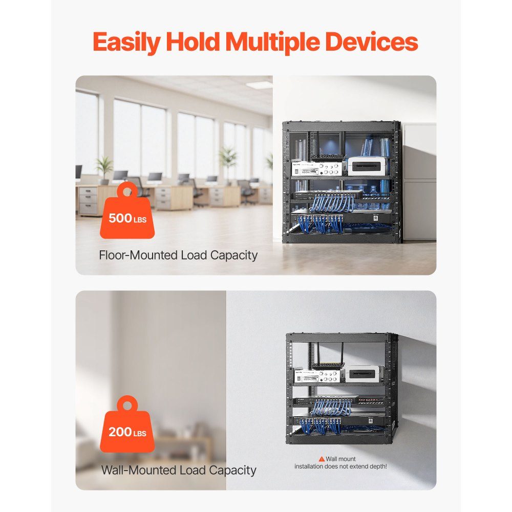 10U open frame network rack, 585mm depth, wall mount or floor standing server rack, 4 post construction, with ventilated shelves and mounting hardware, for all network IT equipment and AV equipment