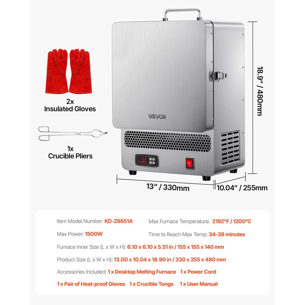 Stołowy piec do topienia 1500 W Mocny piec elektryczny 1200 ℃ Maksymalna temperatura Piec do topienia złota ze stali nierdzewnej do odlewania wosku Glina DIY Metalowa glazura hartująca na ceramicznym srebrze – Nr kat. HT-23710