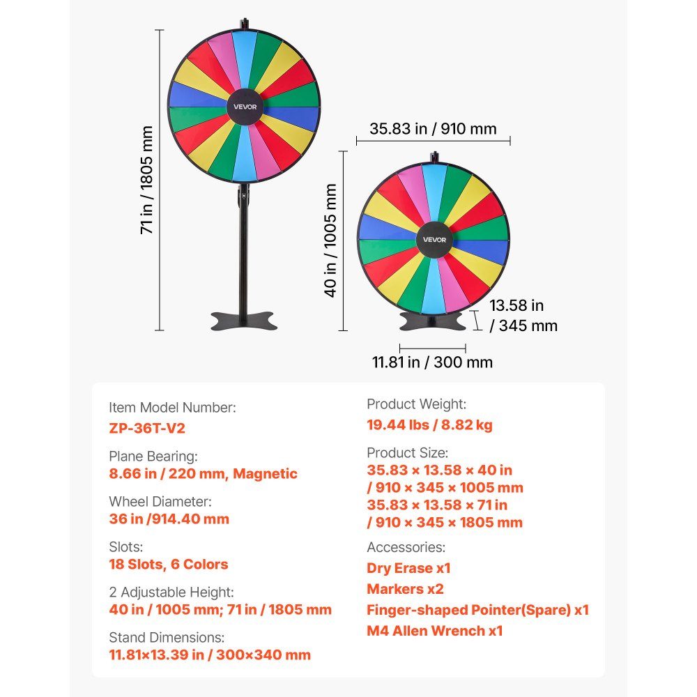 Roue de la Fortune, Roue (914 mm), 18 Compartiments, Roue de la Fortune avec Support, Hauteur Réglable, Jeux de Loterie, Concours, Roulette, avec Tableau Éponge et 2 Marqueurs, 6 Couleurs, Idéal pour Fête, Pub, Foire