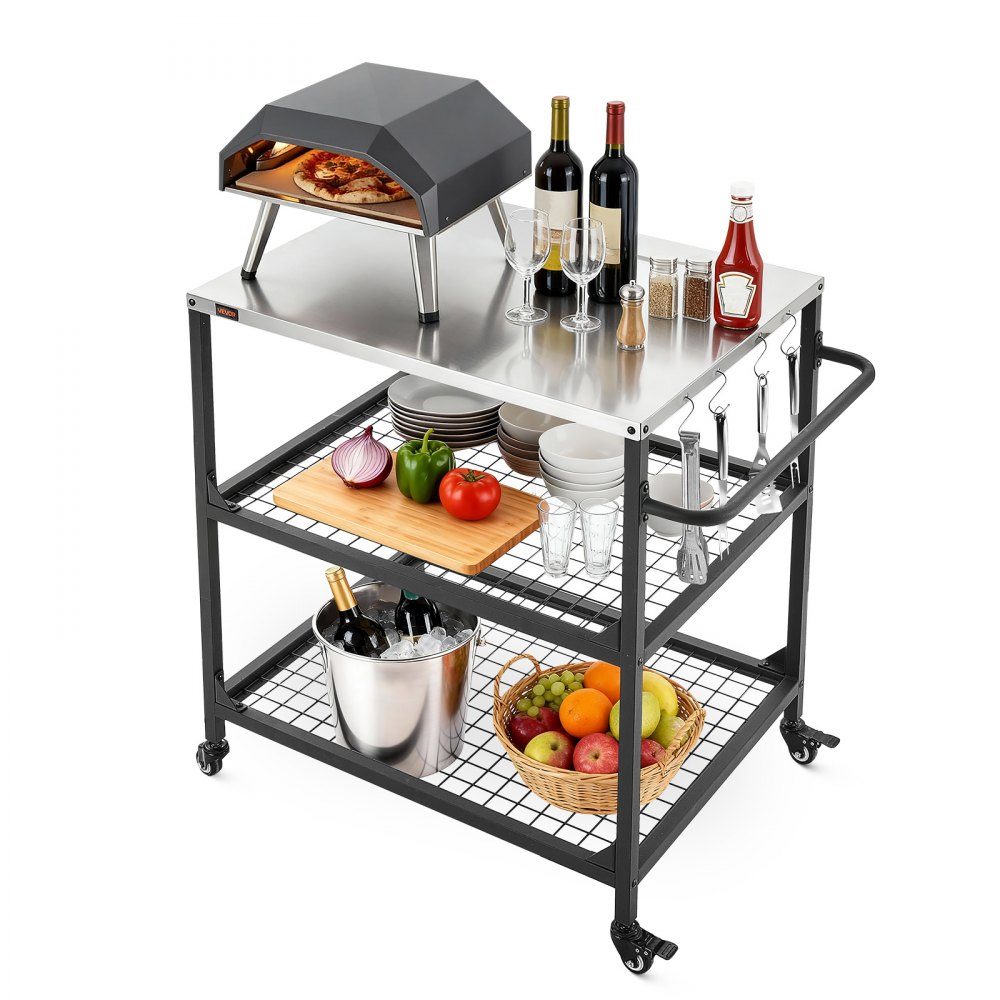 Chariot barbecue extérieur 80 x 61 cm (taille plateau table), table barbecue roulante avec poignée latérale & 2 étagères grillagées & 4 roulettes, table de préparation barbecue, chariot de service pour pique-nique, cuisine, jardin