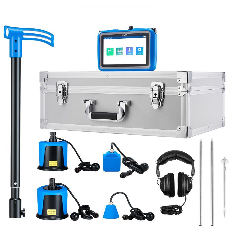 Leidingwaterlekdetector met 4 sensoren, 1 Hz - 10.000 Hz, 7 inch touchscreen, ondergrondse pijpdetector met 3 luisterstaven, hoofdtelefoon, kaart van 8 GB en draagtas