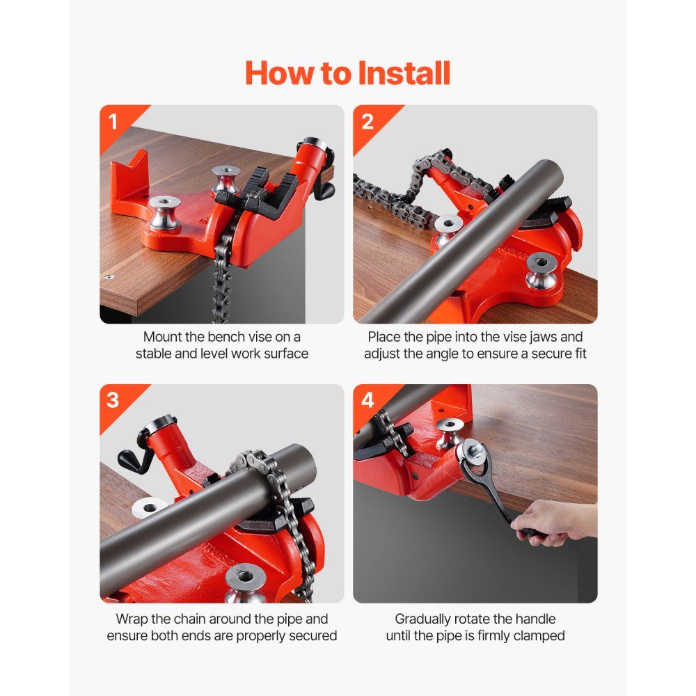 Chain Pipe Vise, Pipe Capacity 12.7-203.2mm, Heavy Duty 880mm Long Chain and Cast Iron Base, Industrial Grade Pipe Clamping for Plumbing, Auto Repair, Metalworking