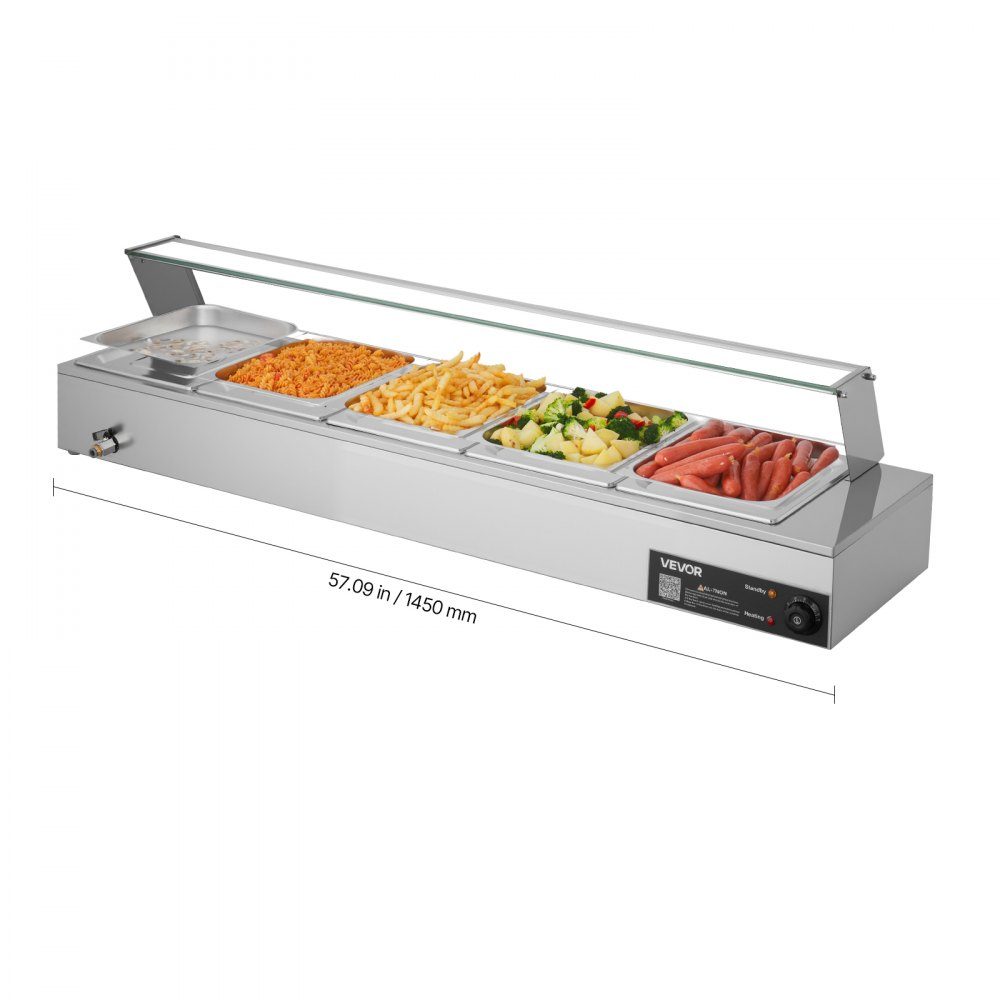 Chauffe-plats professionnel avec couvercle en verre et 5 récipients (taille 1/2) 1,5 kW Réchauffeur de buffet en acier inoxydable, récipient de buffet, bain-marie, station de réchauffement des aliments pour restaurants, fêtes, buffets