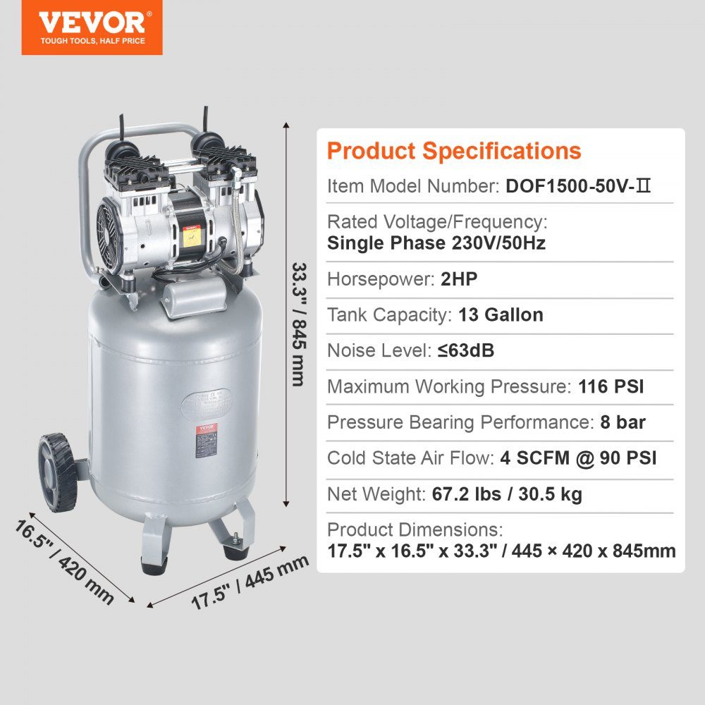 Air compressor 49L whisper compressor 2HP air pump oil-free 8bar compressor single-phase noise level ≤63dB Ideal for inflating tires, car repairs, painting, woodworking