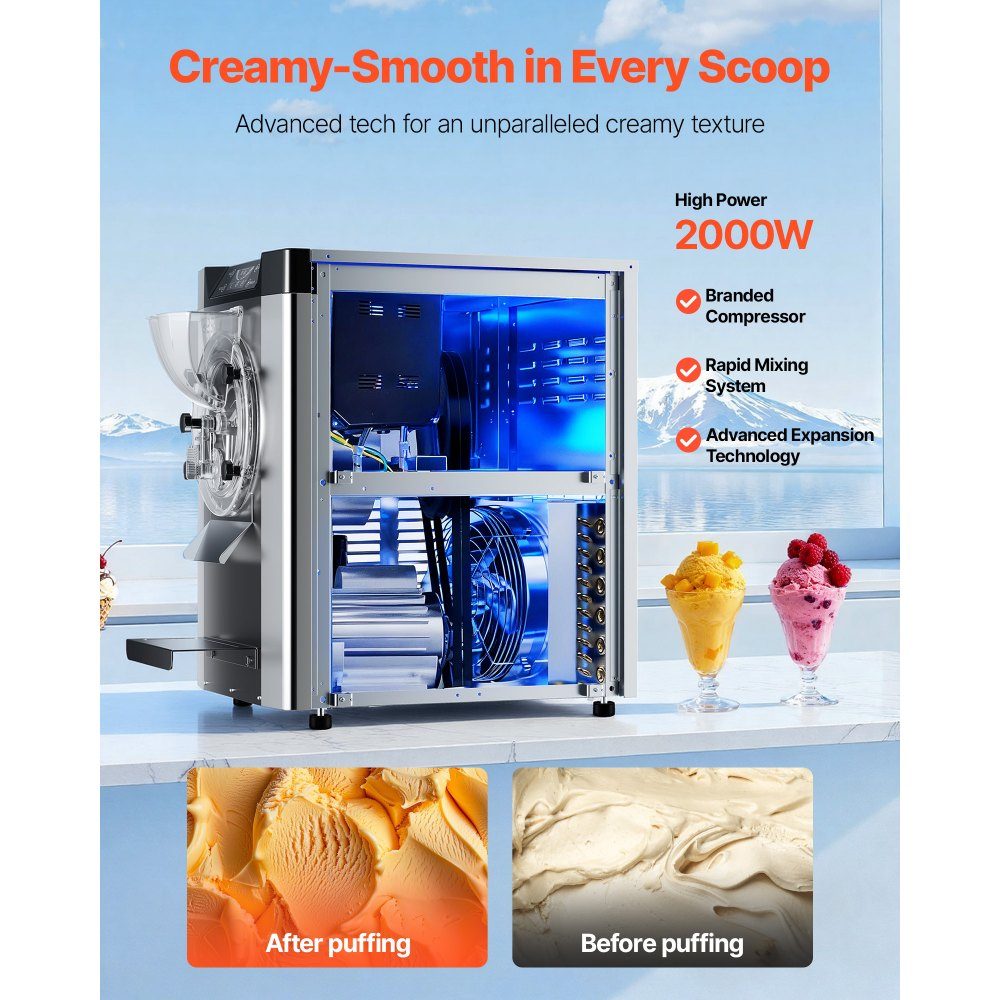 Commerciële ijsmachine, ijsmachine, 2000W, 12-20L/H, gelato-machine op aanrecht met 6L roestvrijstalen (304) container en zelfreinigend LED-bedieningspaneel voor snackbars, restaurants, zilver
