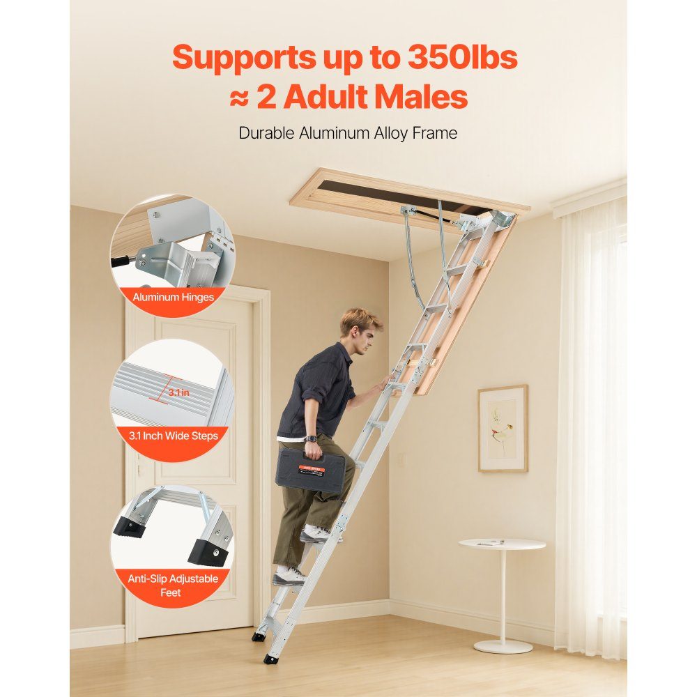 Échelle de sol, capacité de charge 170 kg, échelle de grenier réglable en hauteur de 3 à 3,13 m, escalier de grenier rabattable en aluminium, idéal pour accéder au grenier, balcons à l'étage