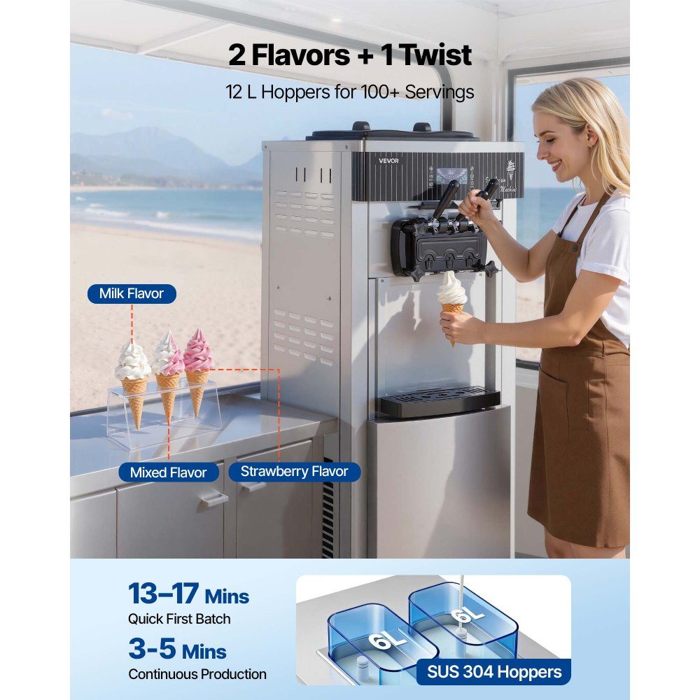 Gewerbliche Softeismaschine 2200 W, freistehende Eismaschine mit 20-28 L/h Produktion, mit 3 Geschmacksrichtungen & 2 Behältern (6 L), Vorkühlung & Selbstreinigung für Imbiss- und Dessertläden