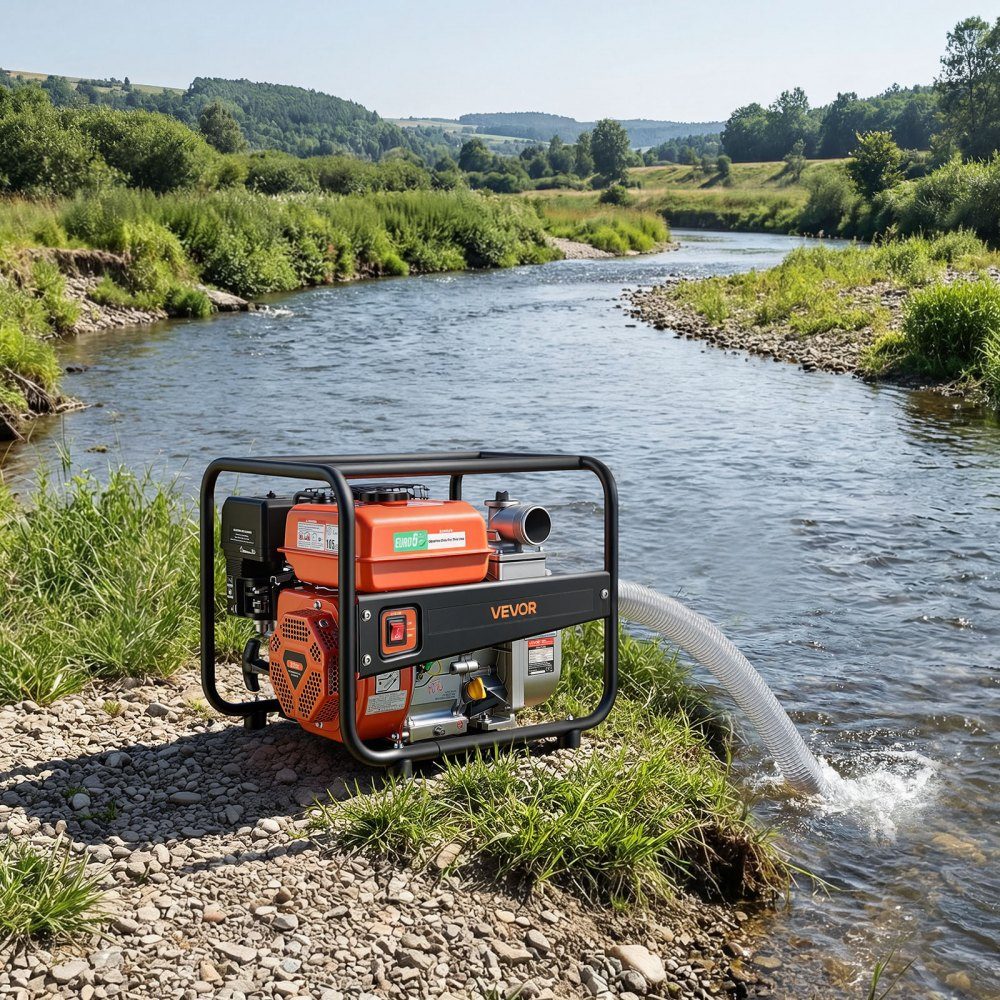 Pompe à eau essence 158 GPM, pompe à eau sale de 2 pouces, pompe à moteur de 7 HP portable avec tuyau de livraison de 25 pieds et pompe de distribution d'eau à turbine en fonte pour l'irrigation, le drainage, les chantiers de construction, les étangs