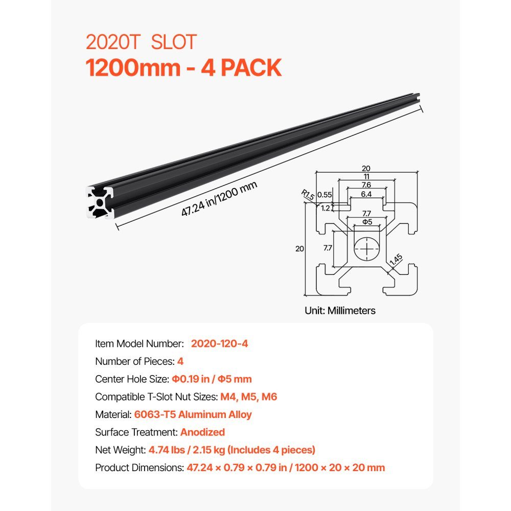4pcs Aluminum Profile 1200mm T-Slot 2020 Aluminum Extruded Profile European Standard Anodized Linear Rail Groove Profile for 3D Printer CNC Machine DIY Laser Engraving Black