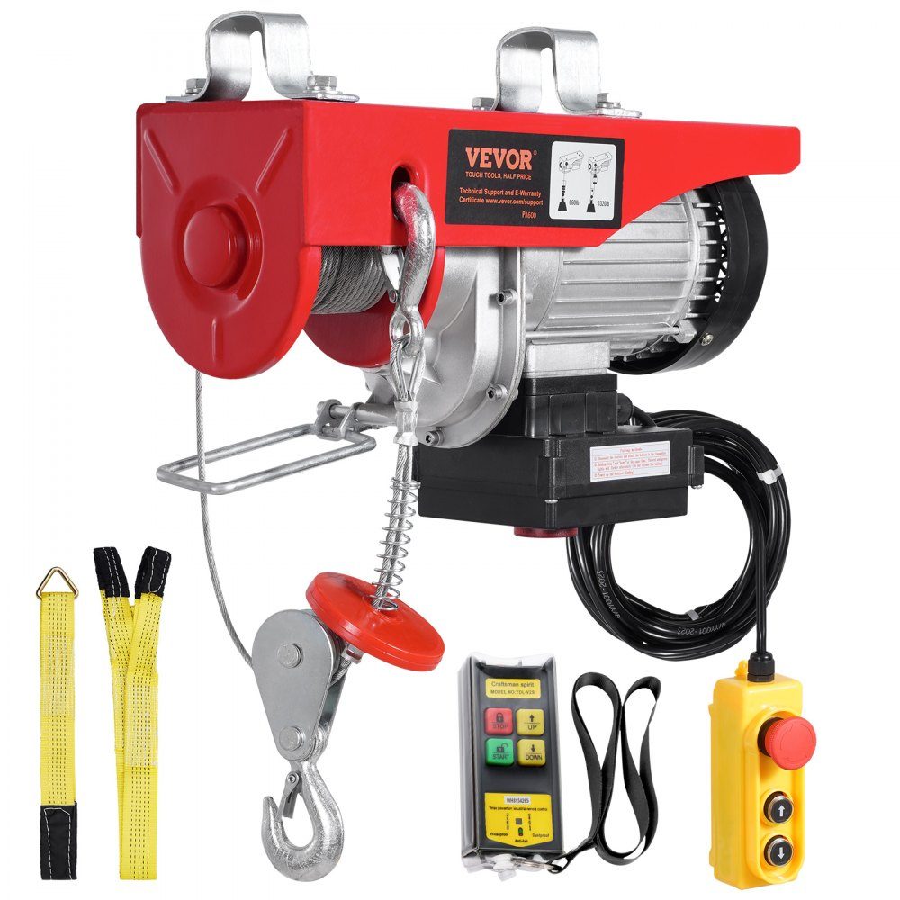 Elektrische lier 600kg motorlier met 100m draadloze en 4,2 bedrade afstandsbediening 12m hefhoogte met enkele kabel Enkele / dubbele stroppen Takel voor garage magazijnfabriek