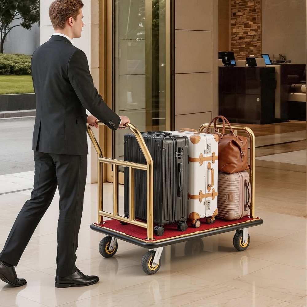Stainless Steel Hotel Luggage Cart, 800lb Heavy Duty Luggage Cart with 6" Rubber Wheels, Red Carpet Hotel Cart, Commercial Platform Cart for Hotels, Vacation Rentals, Resorts, Gold
