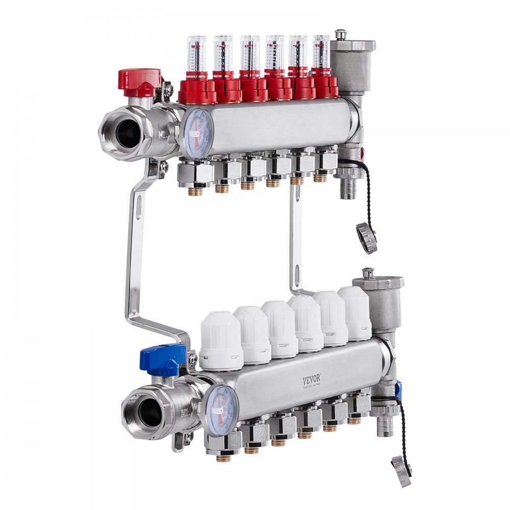 Wärmeverteiler mit 6 Zweigen, 1/2-Zoll-PEX-Rohrverteiler, PEX-Verteiler aus Edelstahl für hydronische Fußbodenheizung, Wärmeverteilungs-PEX-Verteiler-Kit mit 1/2-Zoll-Adaptern im Lieferumfang enthalten