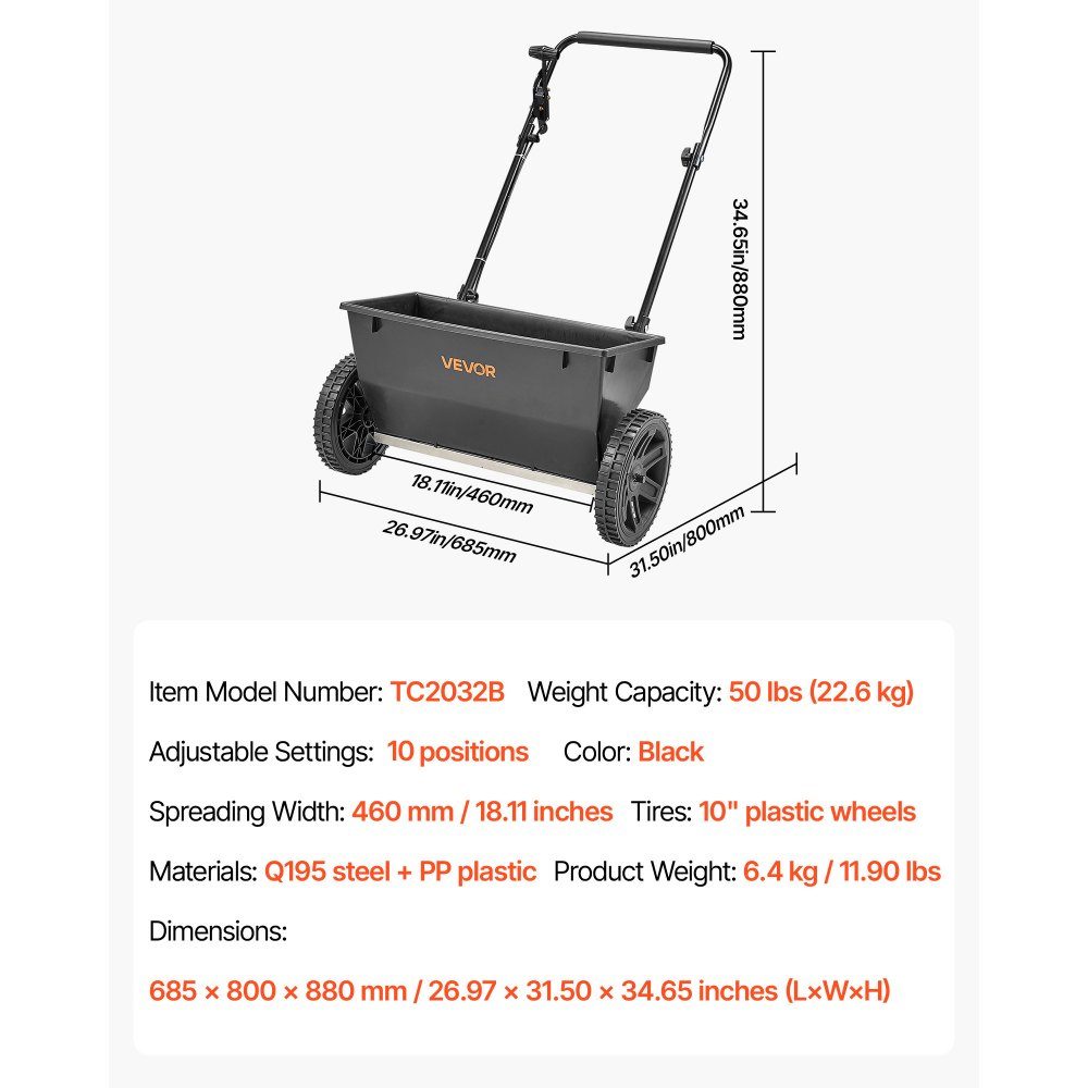 Spreader, 22.6 kg capacity, centrifugal spreader with filling funnel, 460 mm spreading width & 10 adjustment options, 25.4 cm tires, fertilizer spreader for seeds, fertilizer