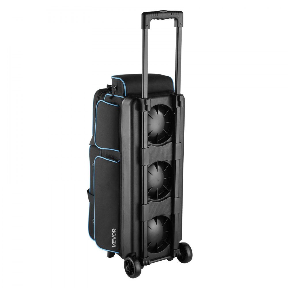 Bowling ball bag for 3 balls with double wheels and separate compartment for shoes (up to US size 16) and oversized accessory pocket, extendable handle, extends to 105 cm, black + blue