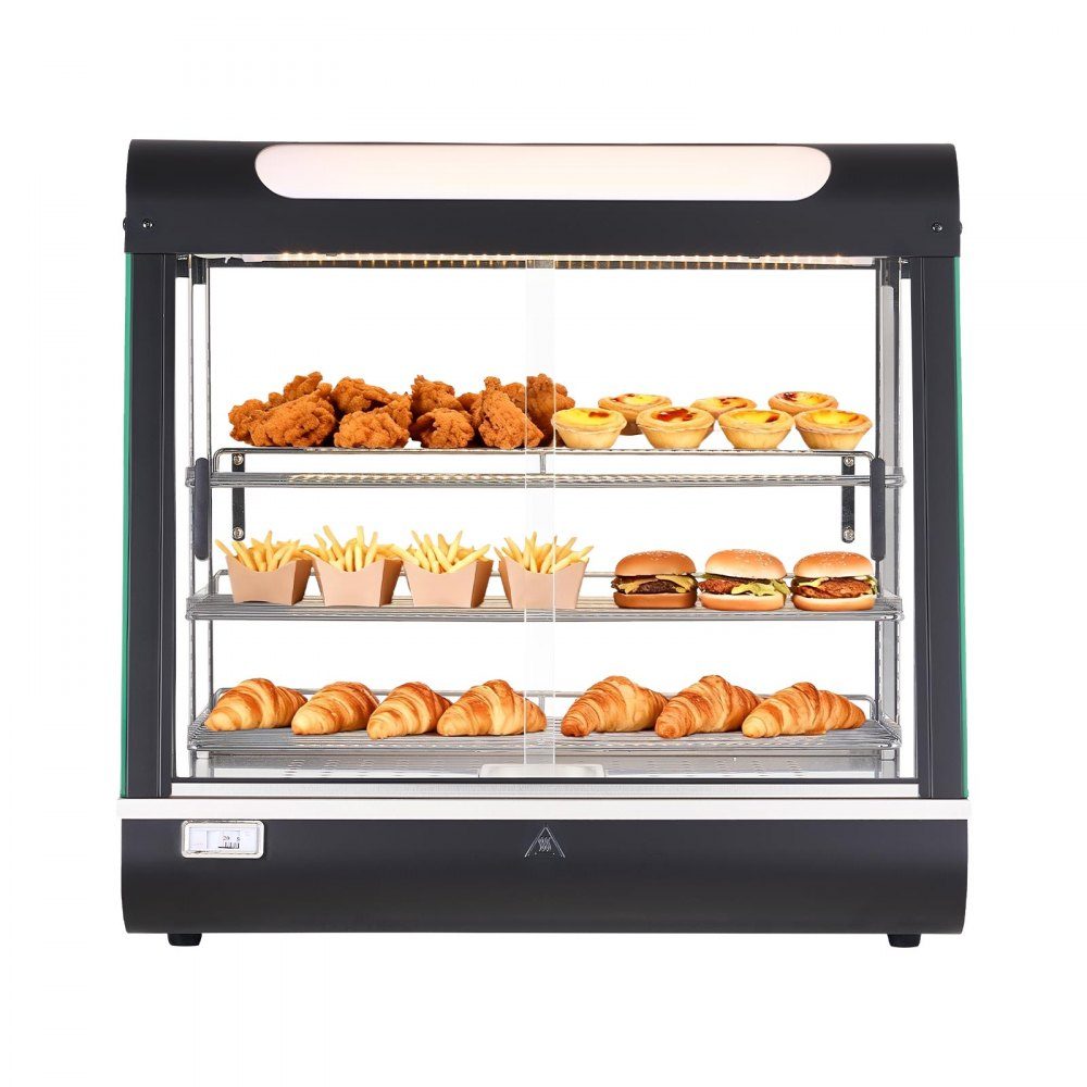 Table chauffante à 3 étages 100 L, vitrine chauffante 1200 W, table chauffante 30-85 °C, chauffe-plats avec éclairage LED et étagères réglables, vitrine alimentaire pour hamburgers, pizza, pain, poulet rôti
