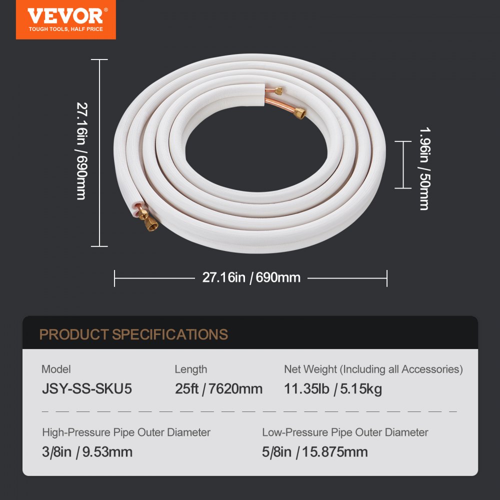 25FT Mini-Split-Line-Kit, 3/8" und 5/8" AD Kupferrohre mit dreischichtiger Isolierung, für Mini-Split-Klimaanlagen, Kälte- oder Wärmepumpengeräte und HVAC mit Wrap St 25FT Mini-Split-Line-Kit, 3/8" und 5/8" AD Kupferrohre mit dreischichtiger Isolierung, für Mini-Split-Klimaanlagen, Kälte- oder Wärmepumpengeräte und HVAC mit Wrap St