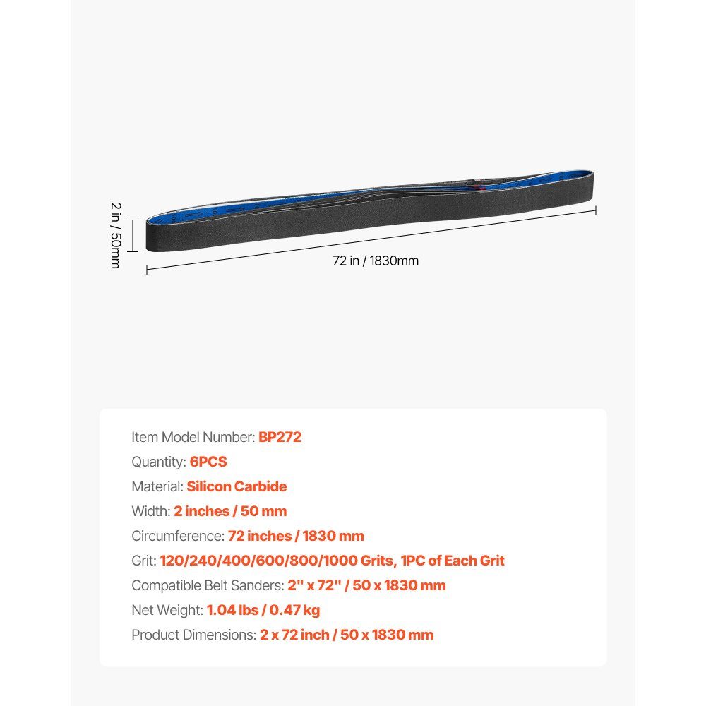 Schleifbänder, 50x1830mm, 6 Stück (Körnung 120/240/400/600/800/1000), aus Siliziumkarbid, Bandschleifpapier Bandschleifer, für Metallbearbeitung, Verbundwerkstoffe & Kunststoffveredelung