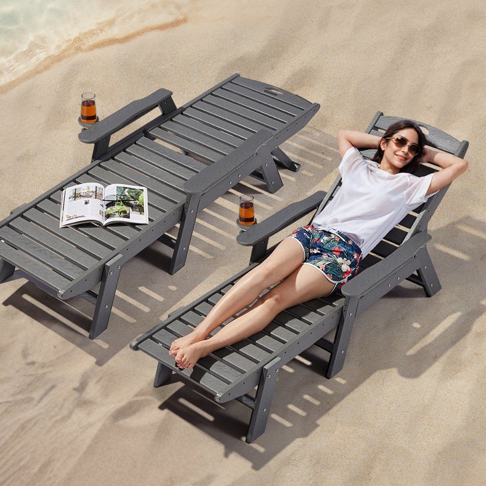 Sun Lounger 400lb Load HDPE Garden Lounger Beach Lounger with 6 Way Adjustable Backrest Armrest Cup Holder Balcony Lounger Patio Lounger for Pool Patio Patio Lawn Gray