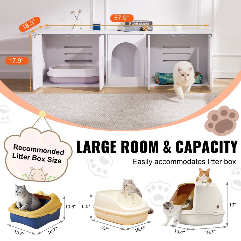Cat Litter Box Enclosure for 2 Cats, Hidden Cat Litter Box Furniture with Double Rooms, Wooden Litter Box Cabinet, Fits Most Litter Boxes, 57.9"L x 18.3"W x 17.9"H, White