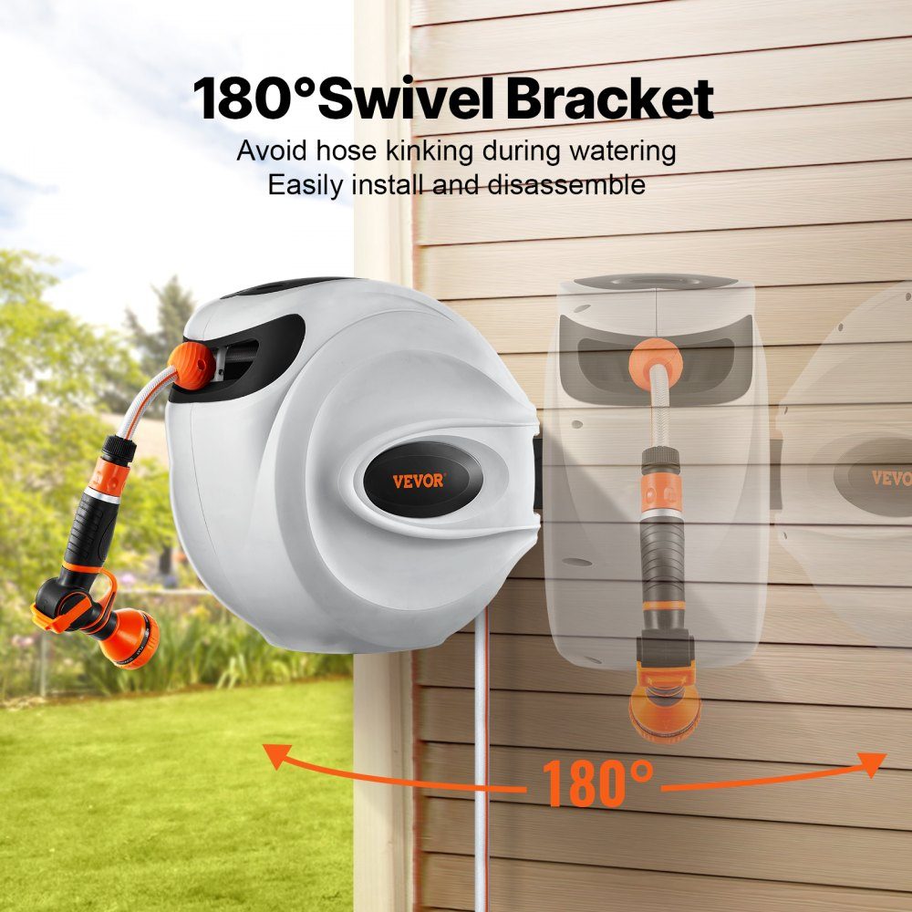 Hose Reel 12mm x 30m Wall Mounted Hose Reel Wall Hose Box with 9 Pattern Nozzle, Automatic Slow Return System and 180° Swivel Bracket