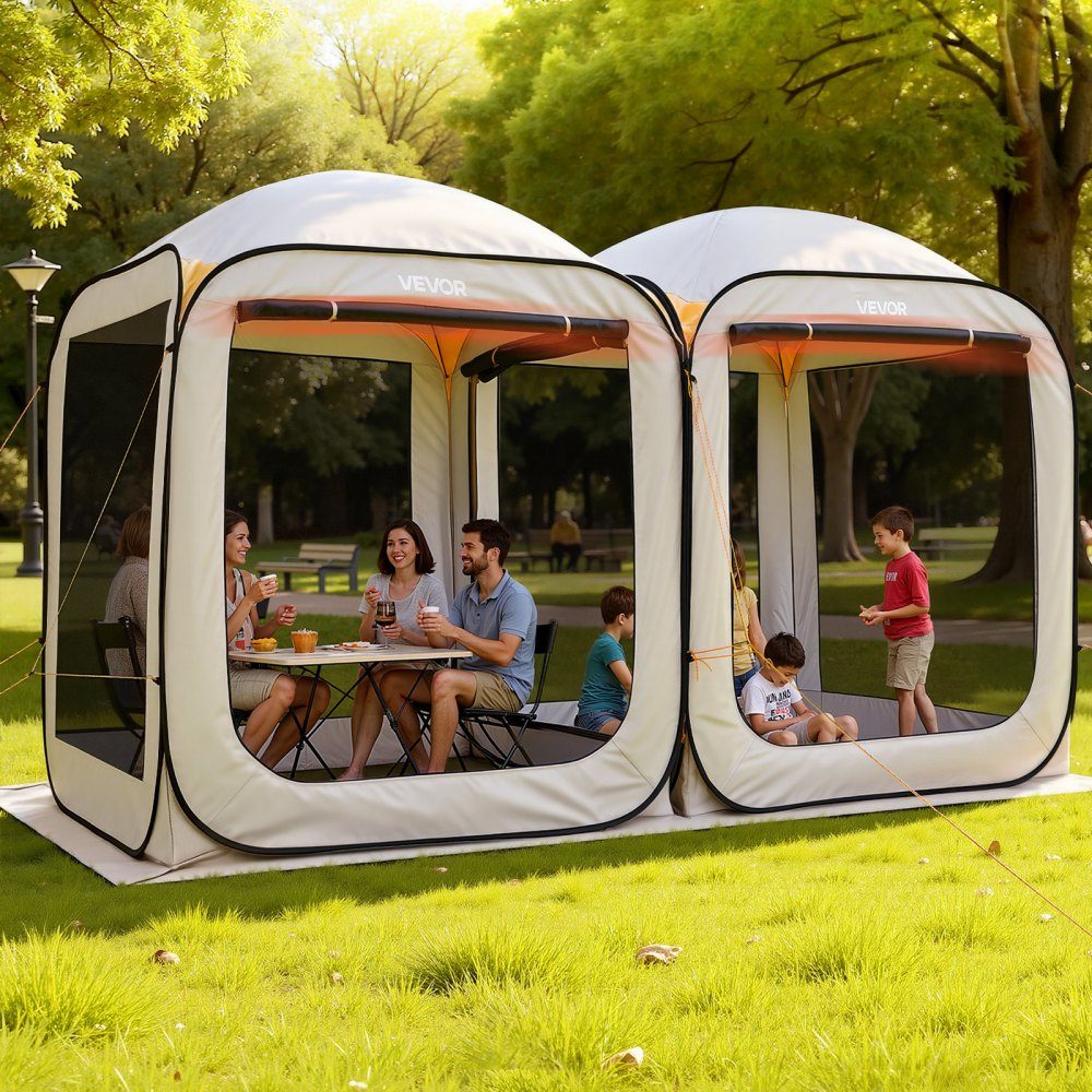 Tente de camping 144" x 72" 2 en 1 Tente de fête portable avec sac de transport, parois latérales en maille et piquets de sol pour jardin, terrasse et activités de plein air, Beige