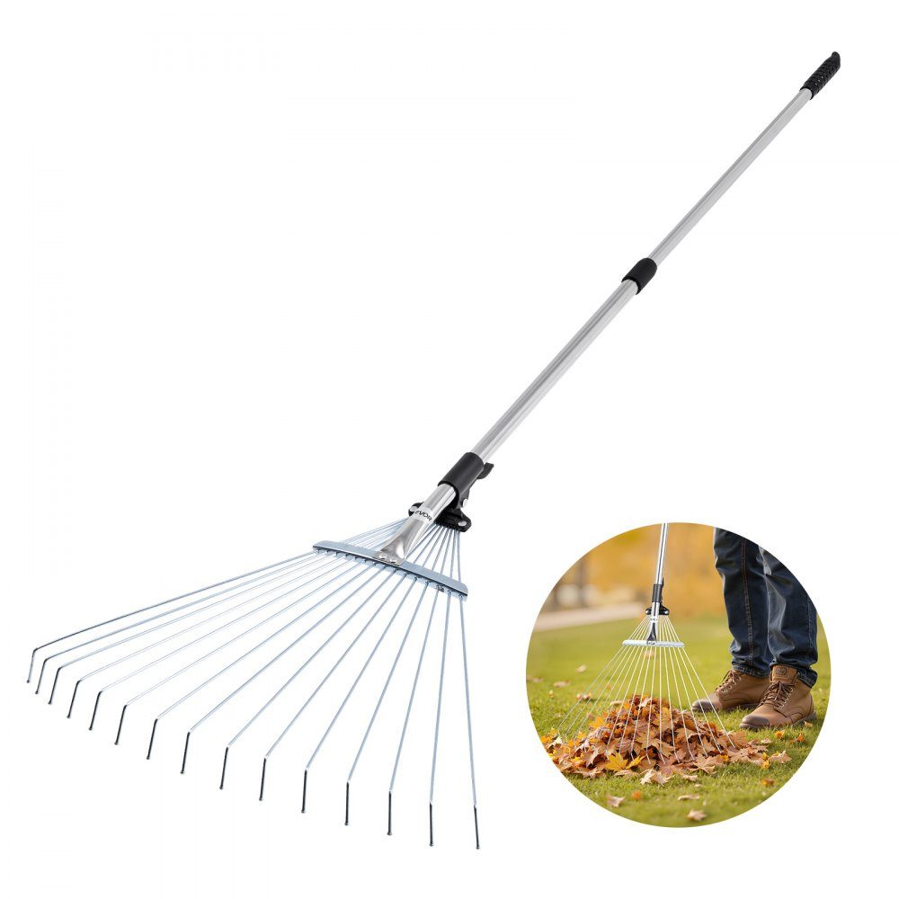 Laubharke, 15 Zinken, Gartenrechen für Rasen mit 570 mm breitem Kopf und 81–160 cm verstellbarer Stange, Fächerbesen zum Entfernen kleiner Blätter für Gartenarbeit, Camping, Hof, Gras