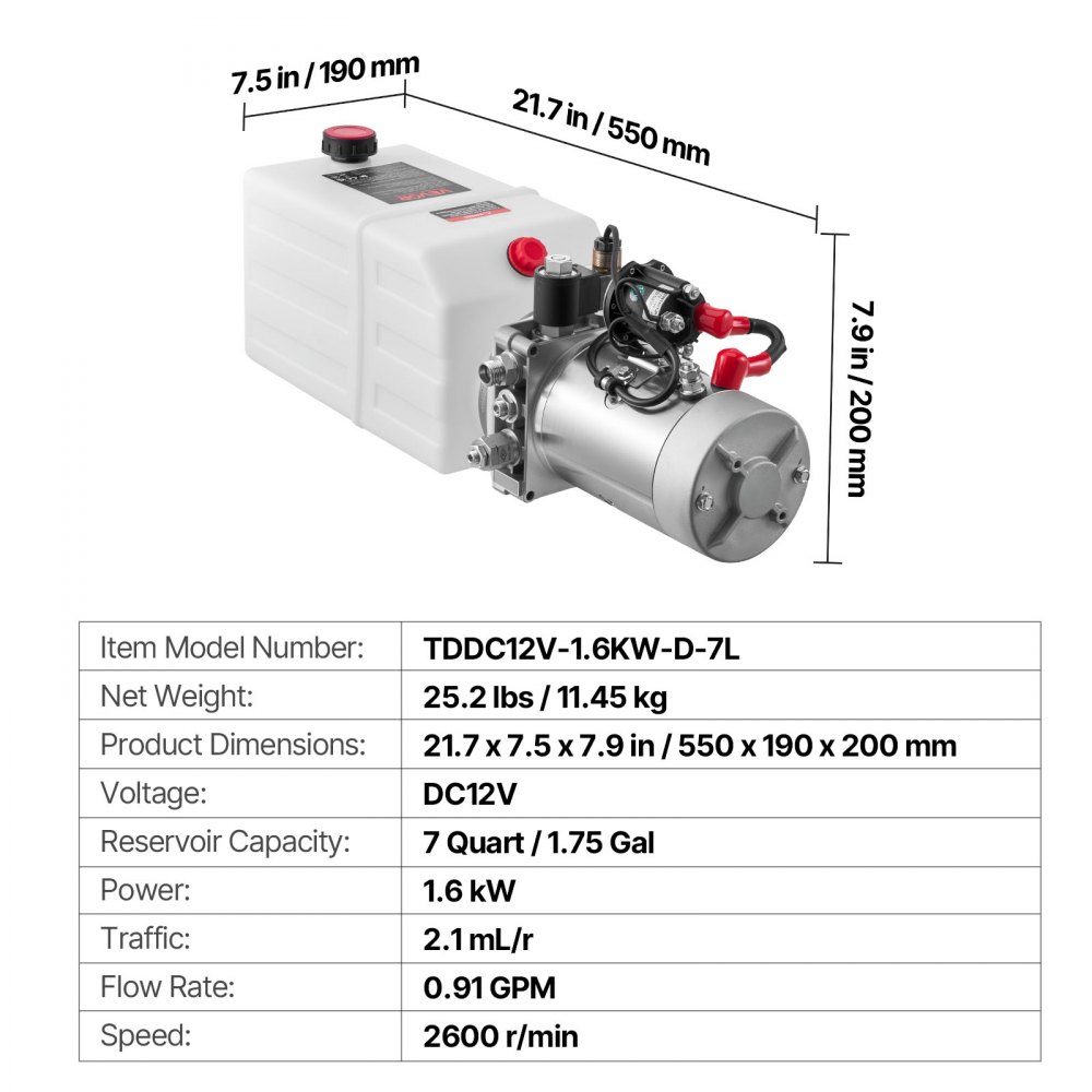 7 Qt hydraulic unit, single acting dump trailer pump, maximum opening pressure 22MPa and flow rate 3.4L/min, 12V DC hydraulic pump with metal reservoir for dump trailer white