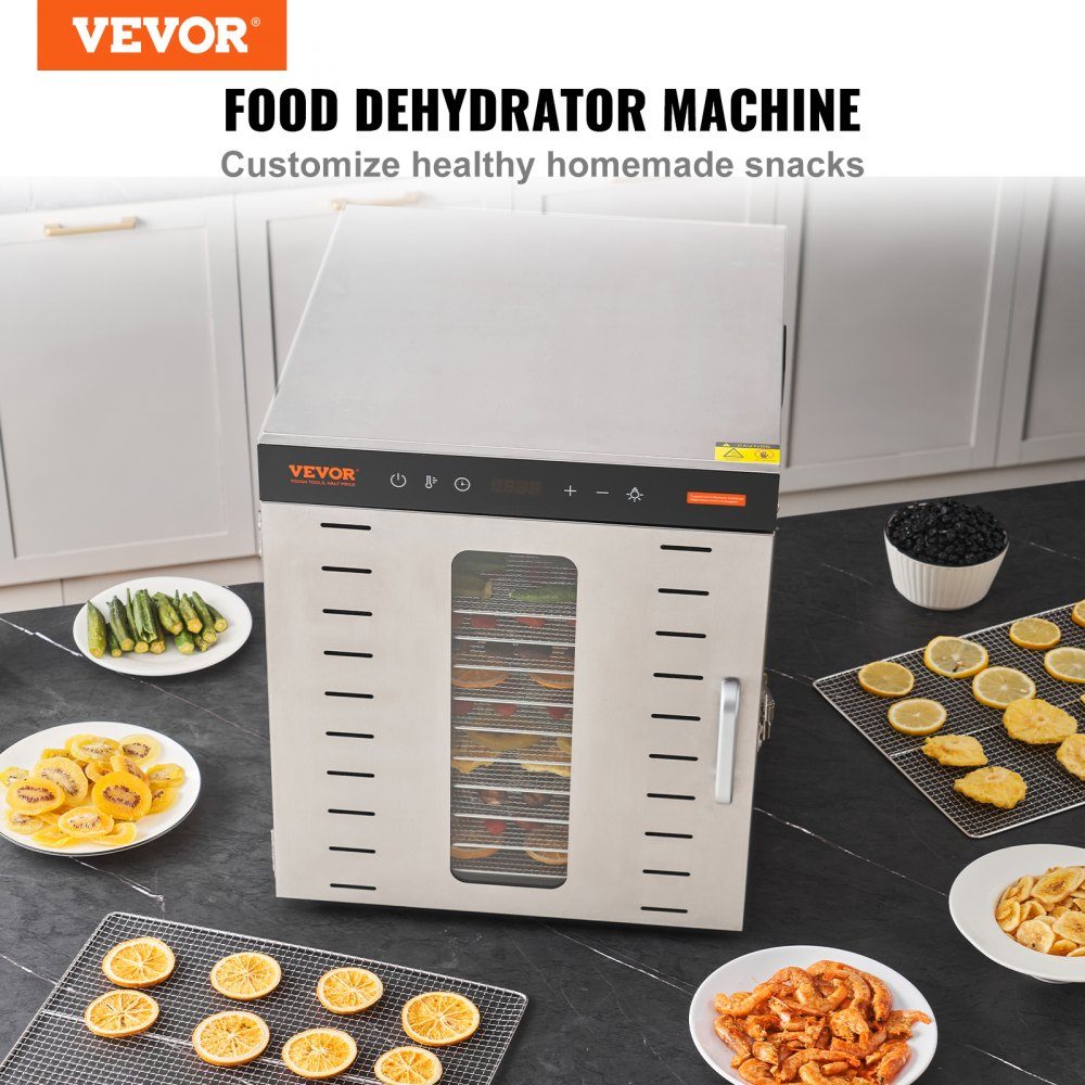 1000 W droogoven RVS, 377 x 285 mm 10 stuks. Bakken 360° droog, dehydrator, temperatuurregeling, timer van 0,5 tot 48 uur, bescherming tegen oververhitting, receptenboek voor vlees, fruit, groenten – Artikelnr. HT-23663