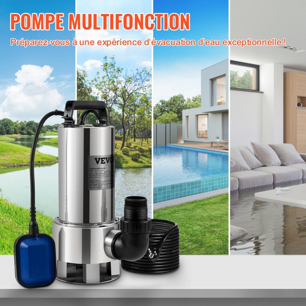 Pompe à eau submersible, 1300 W, 20000 l/h, avec câble de 10 m et interrupteur à flotteur automatique, en acier inoxydable et en fonte pour bassins de jardin, piscines, bains à remous sales ou propres et vides – Réf. HT-24527