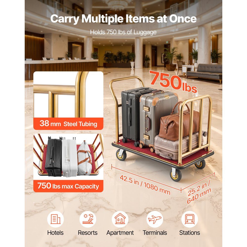 Stainless Steel Hotel Luggage Cart, 800lb Heavy Duty Luggage Cart with 6" Rubber Wheels, Red Carpet Hotel Cart, Commercial Platform Cart for Hotels, Vacation Rentals, Resorts, Gold