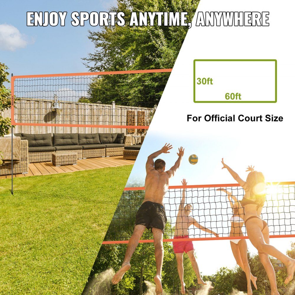 Volleyball Net Height Adjustable Volleyball Net Set, 9.7x2.4m Portable Beach Volleyball Net, Orange Volleyball Net, Foldable Volleyball Net with Volleyball & Carry Bag, for Garden, Beach