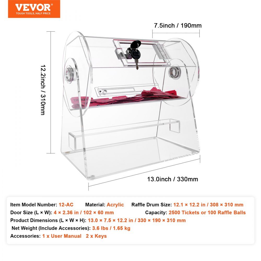 Lotto drum Glückskind 2500 tickets or 100 raffle balls capacity, professional lottery rotating cage with 2 keys, transparent lottery turntable, lottery box for lottery games