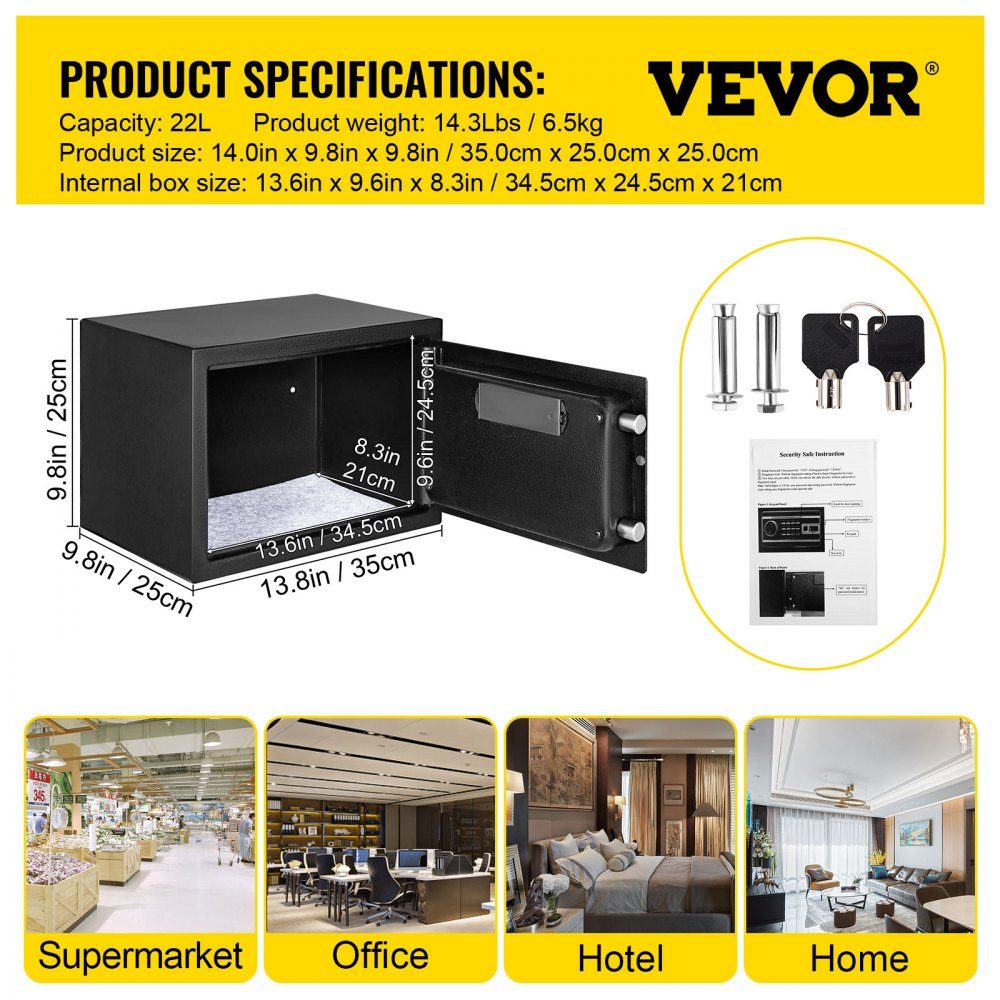 Safe 0.0227 m³, furniture safe 10kg load capacity, wall safe black dustproof with fingerprint code digital keyboard key 4 locking systems security safe apartment hotel office